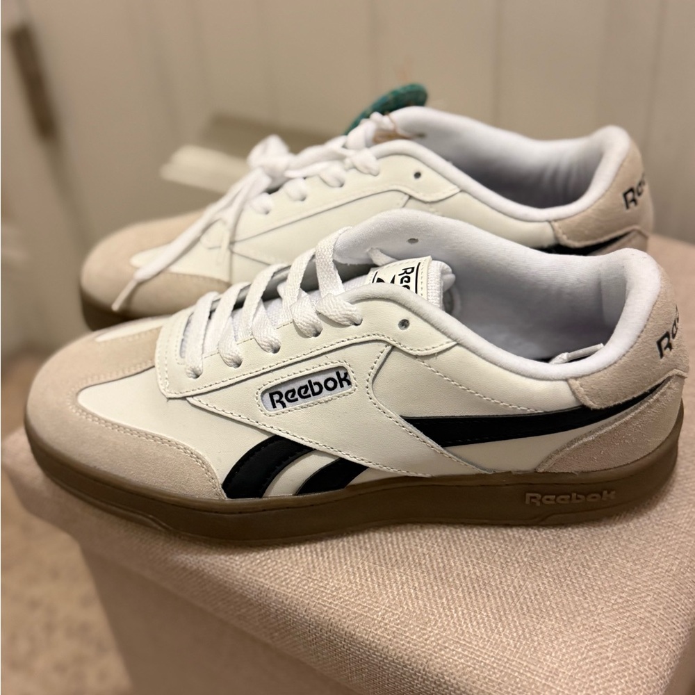 Reebok White and Black Sneakers with Tan Accents